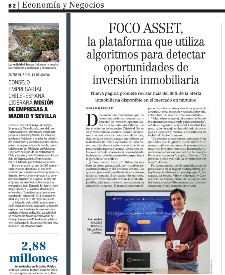 Publicación de FocoAsset en El Mercurio destacando su innovación 